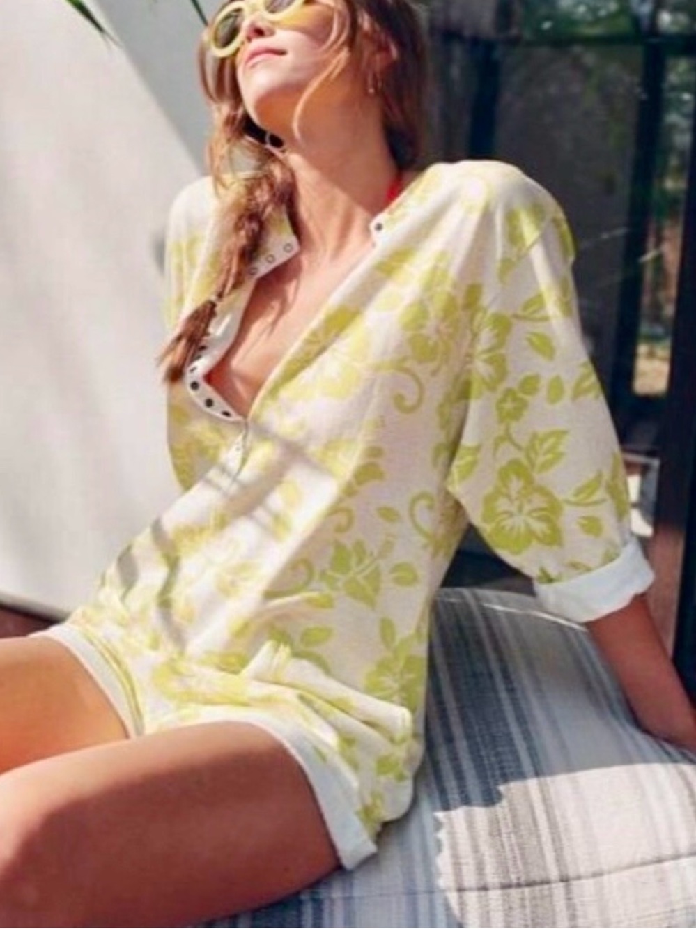 Urban Outfitters Cream and Light Green Floral Jumpsuit Romper